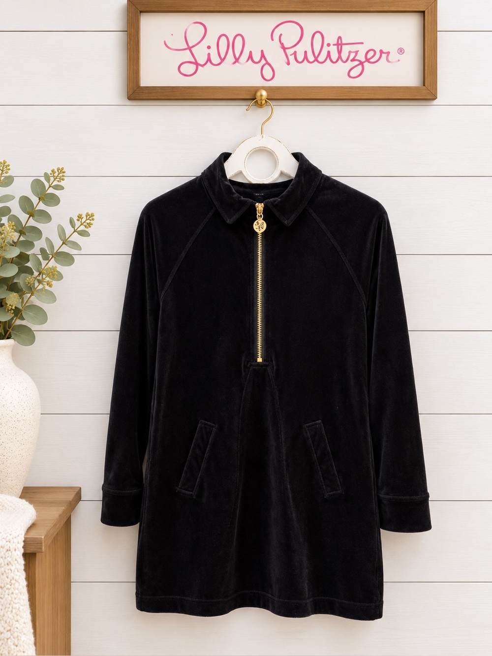 LILLY PULITZER Black Velour Half-Zip Dress XL